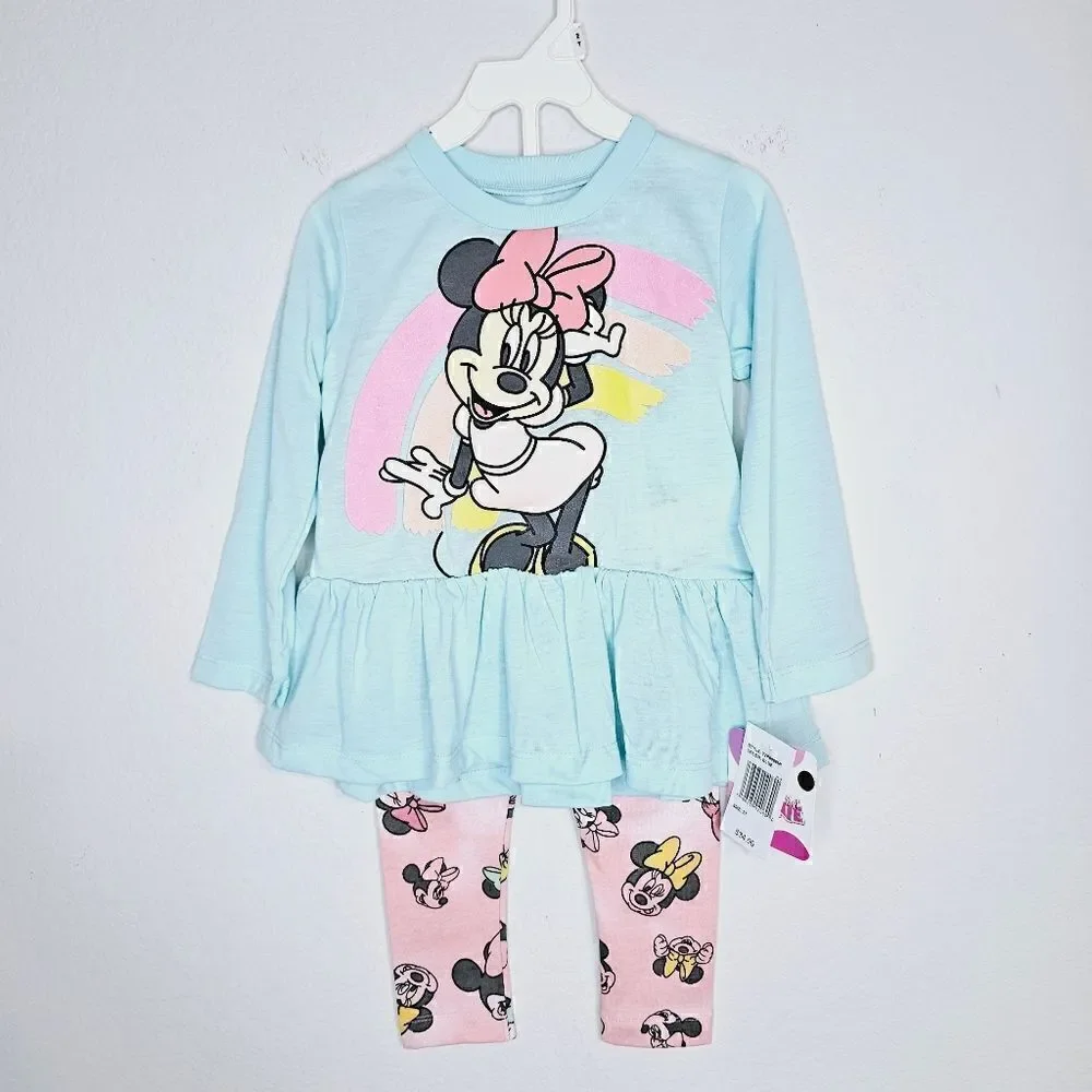 New! Disney Minnie Mouse 2 Piece Long Sleeve Ruffle Top Legging Baby Toddler Set
